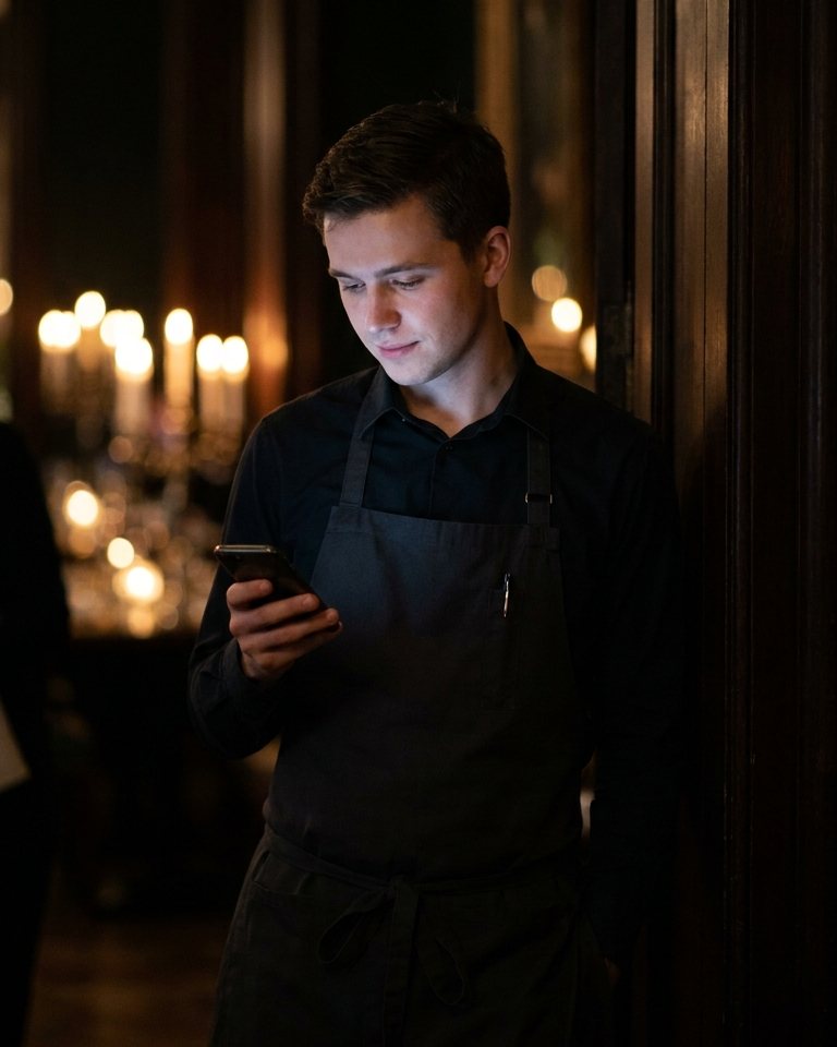 Servicekraft sieht die Anfrage auf dem Handy